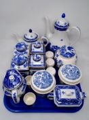 A tray of assorted Ringtons and Masons blue and white china including tea and coffee pots,