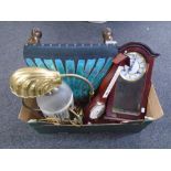 A box containing contemporary wall clock and barometer, brass and glass table lamps, foot stool etc.