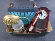 A box containing contemporary wall clock and barometer, brass and glass table lamps, foot stool etc.