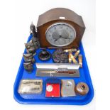 A tray containing Bentima oak cased mantel clock, boxed Lerche letter knife, glass paperweight,