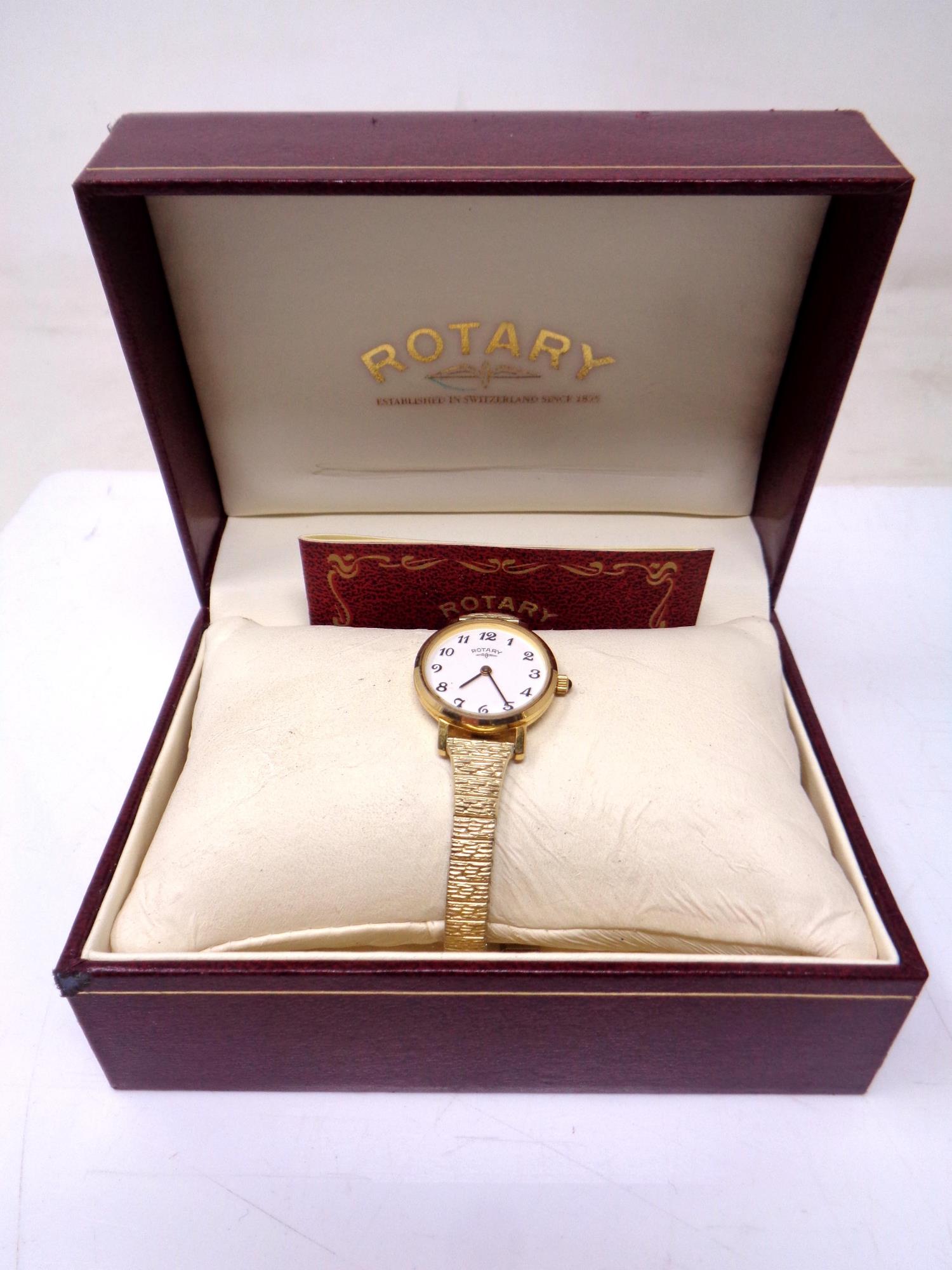 A lady's gold plated Rotary wristwatch in box.