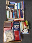 Four boxes containing hardback and paperback books including Reference, Atlas, Readers Digest,