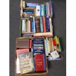 Four boxes containing hardback and paperback books including Reference, Atlas, Readers Digest,