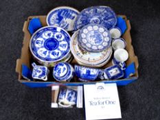 A box of boxed and unboxed Ringtons blue and white china including caddies, hexagonal bowl,