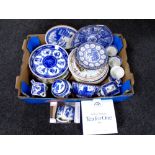 A box of boxed and unboxed Ringtons blue and white china including caddies, hexagonal bowl,