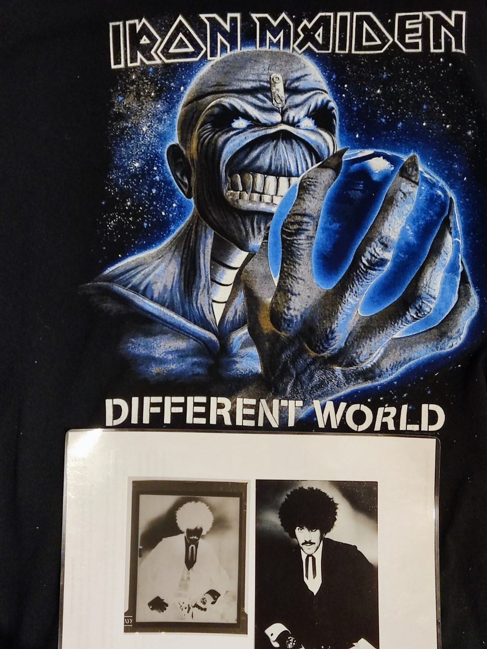 Vintage negative of Phil Lynott of 'Thin Lizzy' and a vintage Iron Maiden t-shirt.