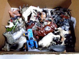 A box containing a quantity of mid-20th century hand painted lead animal figures.