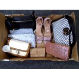 A box containing assorted lady's hand and clutch bags, New Look shoes (new with tags).