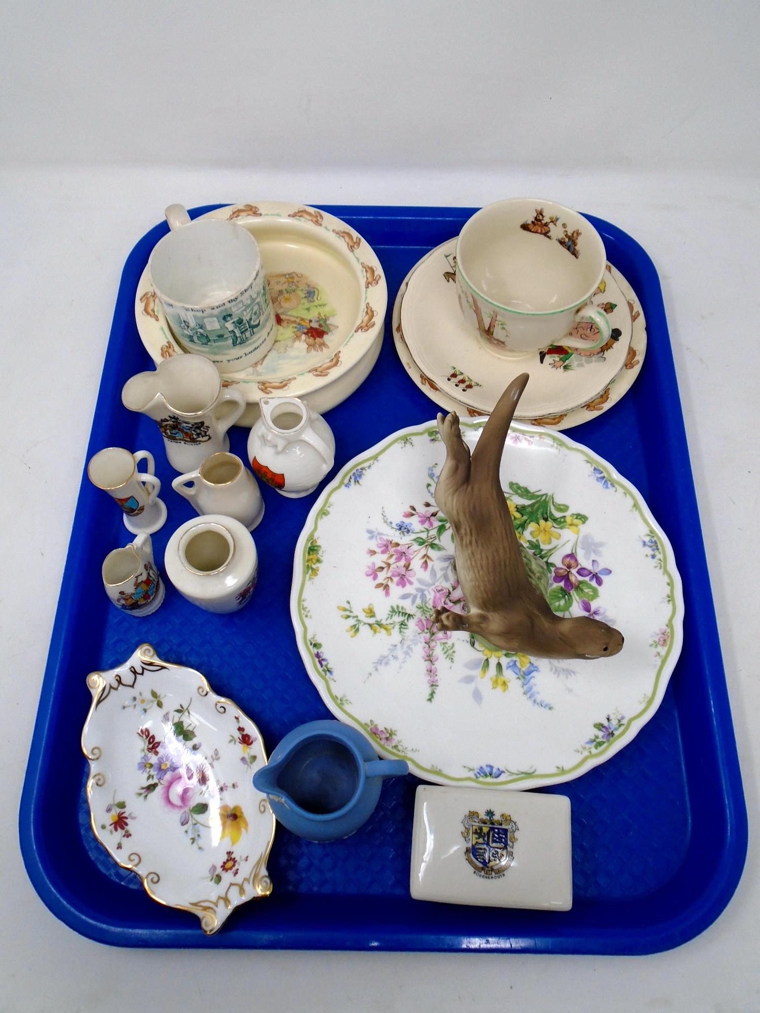 A tray containing crusted china, Royal Doulton Bunnykins bowl, Jasperware milk jug,