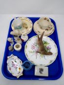 A tray containing crusted china, Royal Doulton Bunnykins bowl, Jasperware milk jug,