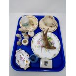 A tray containing crusted china, Royal Doulton Bunnykins bowl, Jasperware milk jug,
