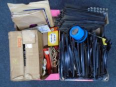 Two boxes containing Scalextric track, vinyl 78s, Hi-Lyte projector etc.