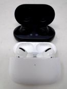 A set of Apple Airpods in charging case together with a further pair of Samsung Earbuds in case.