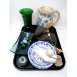 A tray containing a Royal Doulton Brangwyn ware jug, glass vase and eggs,