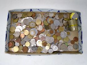 A box containing a quantity of foreign coinage.