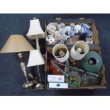 Two boxes containing contemporary table lamps, pressed glass, folding walking stick,