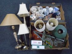 Two boxes containing contemporary table lamps, pressed glass, folding walking stick,