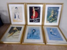Six Schweppes advertising prints in gilt frames.
