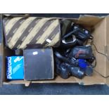 A box of assorted cameras and related equipment including Fujifilm Finepix s200exr camera,