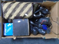 A box of assorted cameras and related equipment including Fujifilm Finepix s200exr camera,