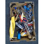 A box containing assorted hand tools, miniature vice, cordless air inflator etc.