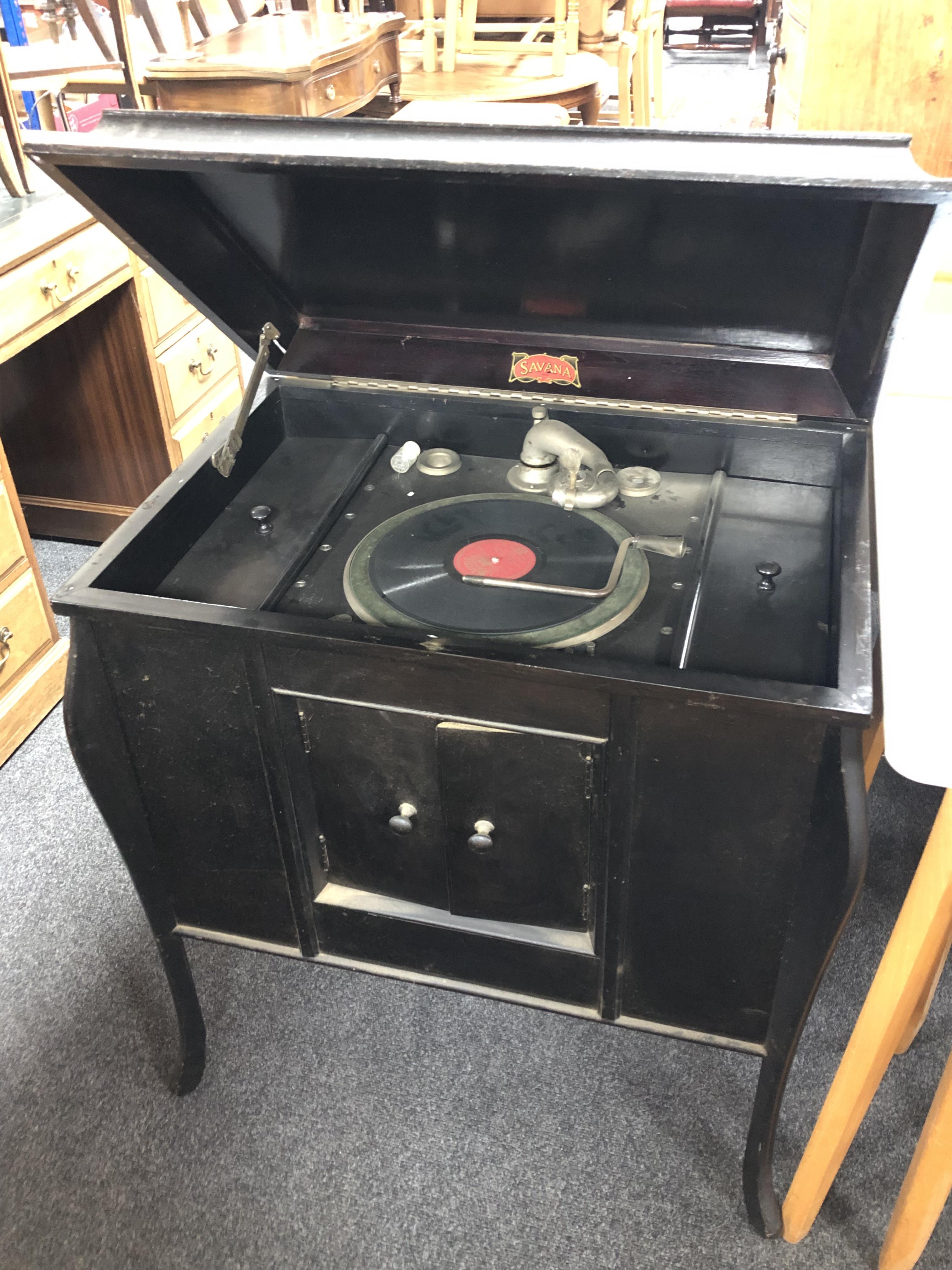 An early 20th century Savana gramophone in ebonised cabinet.