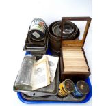 A tray containing vintage kitchenalia including cake tins, flower sifter, recipe cards in box,