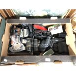 A box containing antique and later field glasses including Super Zenith, assorted cameras,