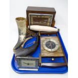 A tray containing mid-20th century mantel clocks by Enfield,