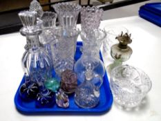 A tray containing 20th century glassware including paperweight, decanters with stoppers,