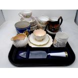 A tray containing Paragon Country Lane part tea set, Wedgwood jasperware bowl,