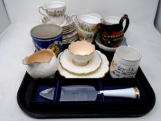 A tray containing Paragon Country Lane part tea set, Wedgwood jasperware bowl,