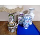 A tray containing porcelain table lamp, 20th century oriental vases and teapot.