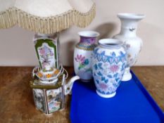 A tray containing porcelain table lamp, 20th century oriental vases and teapot.