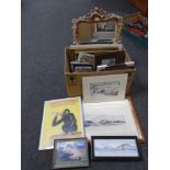 A box containing assorted pictures and prints and a contemporary framed mirror.