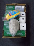 A box containing Numatic hoover bags, hand sanitizer machines,