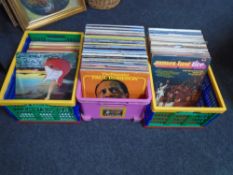 Three crates containing vinyl records including orchestral music, compilations, easy listening.
