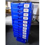 A collection of 11 plastic storage crates with lids.