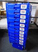 A collection of 11 plastic storage crates with lids.