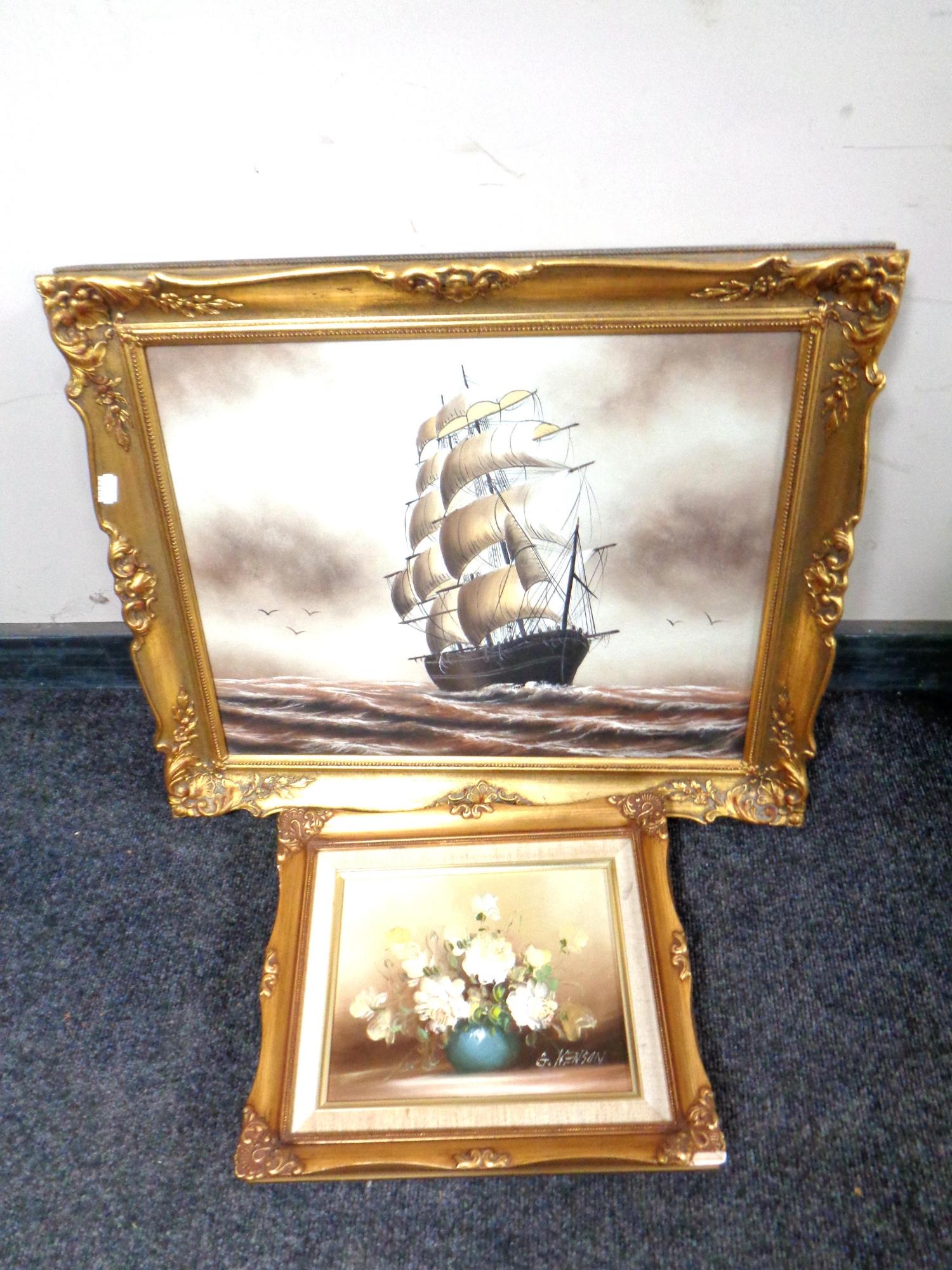 Two gilt framed oil-on-canvas paintings and four various prints, - Image 2 of 3