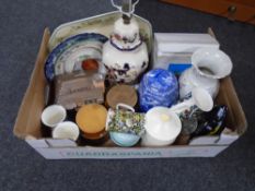 A box containing Masons Mandalay table lamp, Ringtons cathedrals caddy, collectors plates, mugs etc.