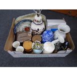 A box containing Masons Mandalay table lamp, Ringtons cathedrals caddy, collectors plates, mugs etc.