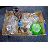 A box containing assorted 20th century glassware including Caithness vase, paperweight,