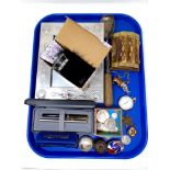 A tray containing Blues Harp harmonica, coinage, pocket watch, Burma Star medal, trinket boxes,
