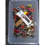 A box containing assorted hand tools including woodworking planes, screwdrivers etc.