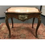 A Louis XV style inlaid walnut, gilt-metal mounted and peach marble-topped centre table,