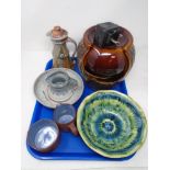 A tray containing Portmadoc ware bowl and other glazed pottery wares.