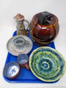 A tray containing Portmadoc ware bowl and other glazed pottery wares.