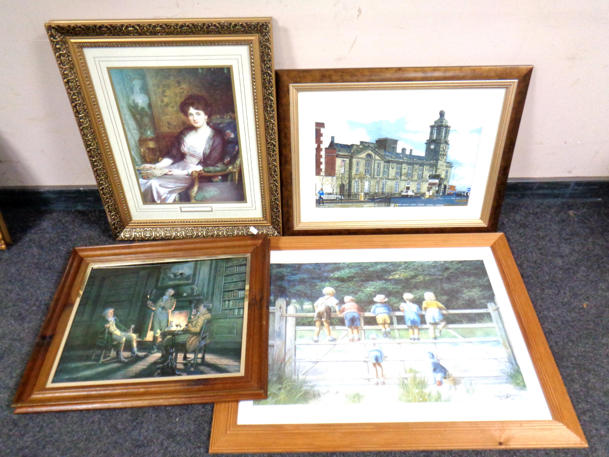 Two gilt framed oil-on-canvas paintings and four various prints,