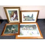 Two gilt framed oil-on-canvas paintings and four various prints,